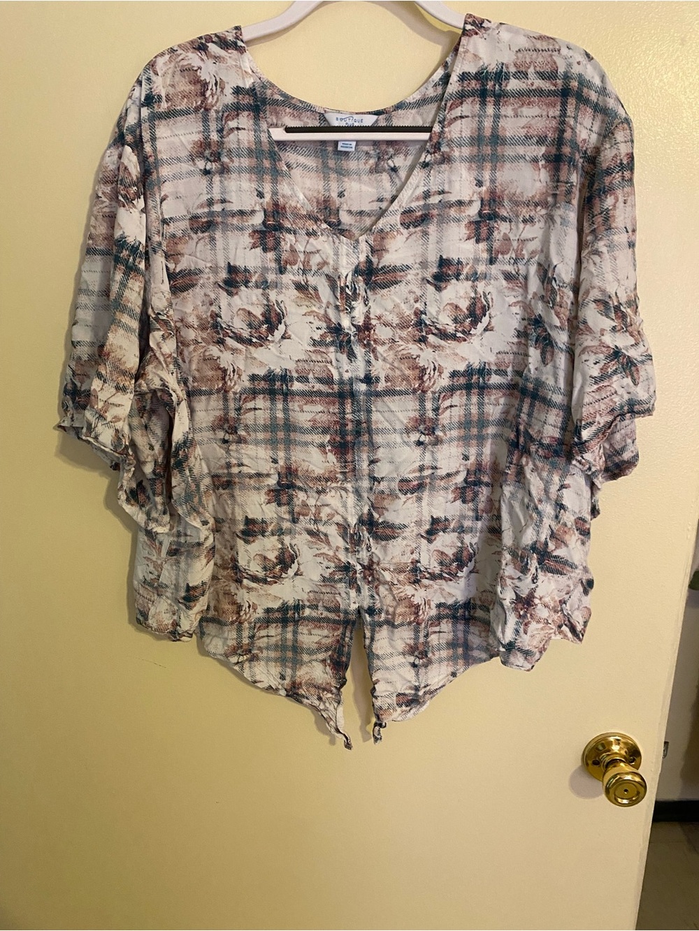 Cream Floral Plaid Front Tie Blouse
